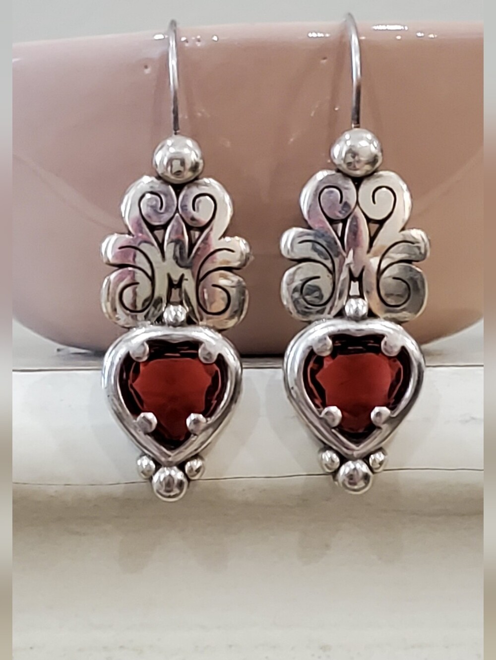 Brighton Silver Tone Heart Drop Earrings with Garnet Color Stones - Picture 3 of 7